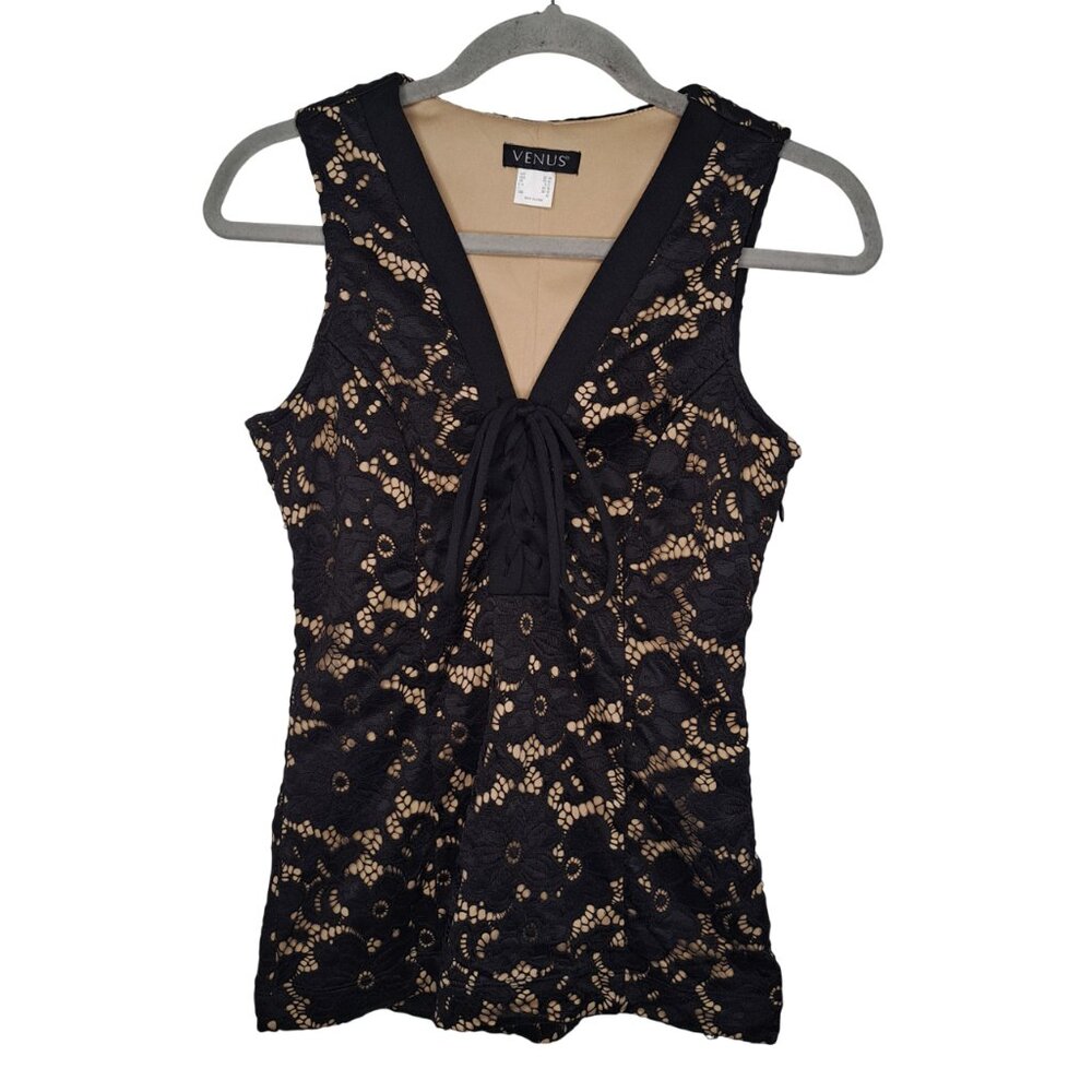 VENUS Black Lace Lined Sleeveless Tie Front Blouse Size XS